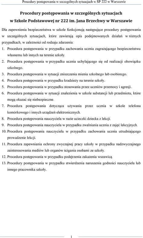 Procedury postępowania w szczególnych sytuacjach w Szkole Podstawowej