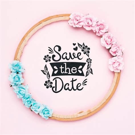 Free PSD Save The Date Mock Up With Blue And Pink Roses