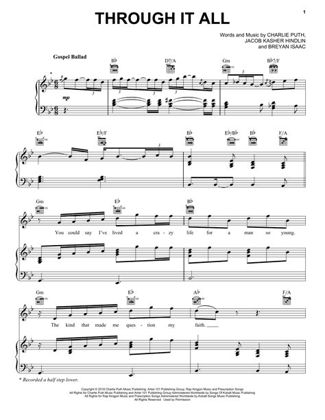 Charlie Puth "Through It All" Sheet Music for Piano, Vocal & Guitar | Download PDF - 413041