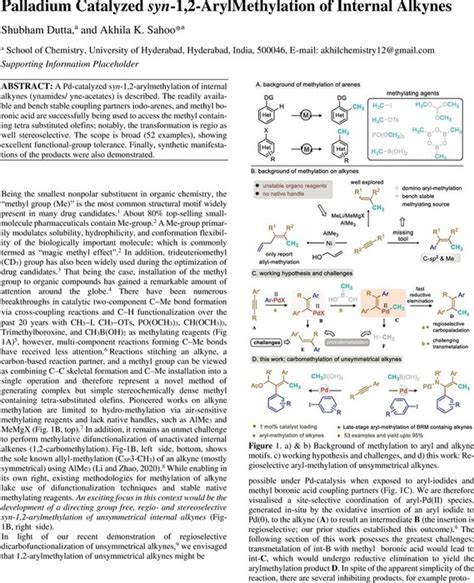 Palladium Catalyzed Syn 12 Arylmethylation Of Internal Alkynes