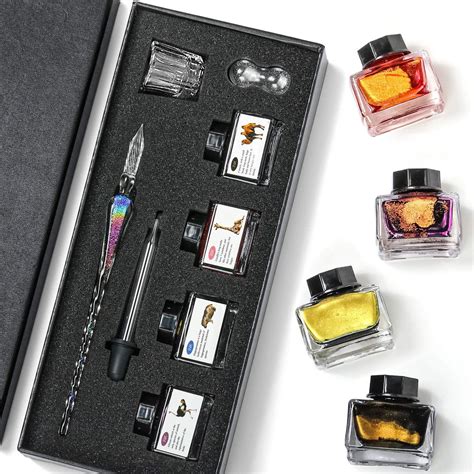 Essshop Handmade Glass Dip Pen And Ink Set 15ml Color Inks Pen Holder Cleaning Cup