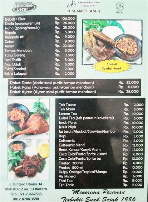 Menu At Bebek Goreng H Slamet Restaurant South Tangerang Jalan