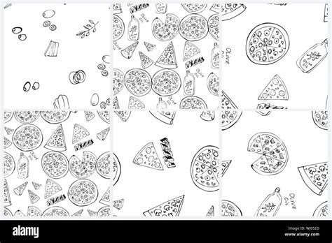 Seamless Pattern Set With Hand Drawn Pizza Slices Stock Vector Image