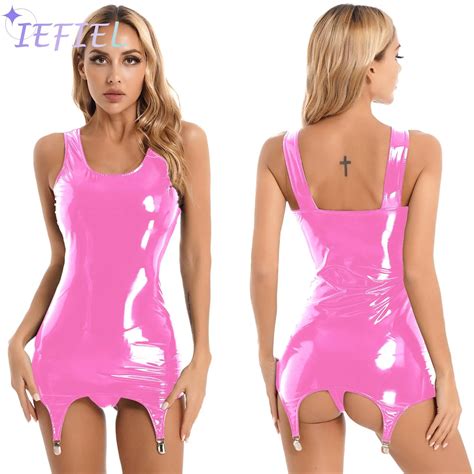 Women Pvc Leather Wet Look Bodycon Pencil Package Hips Dress Tank Top