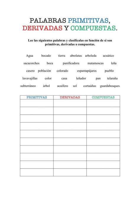 Worksheet Palabras Primitivas Derivadas Y Compuestas