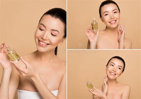 Attractive Happy Nude Asian Girl In Latex Gloves Applying Face Cream