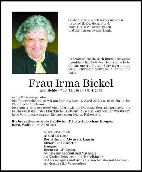 Todesanzeigen Von Irma Bickel Todesanzeigen Vorarlberger Nachrichten