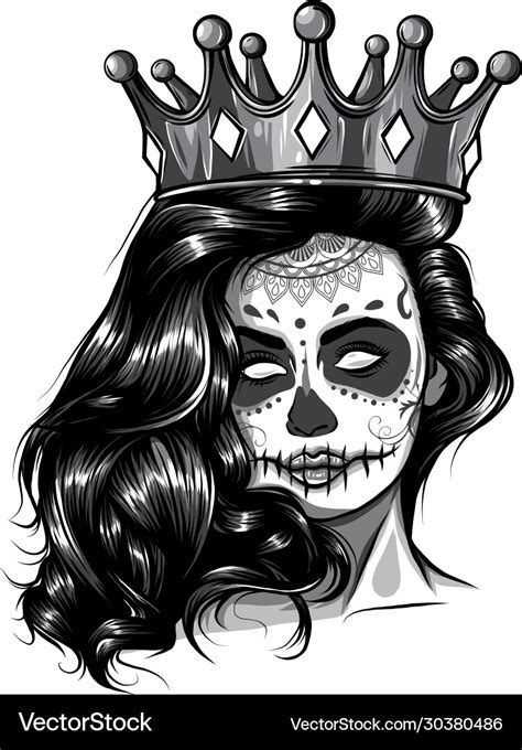 Monochromatic Skull Girl With A Crown Royalty Free Vector