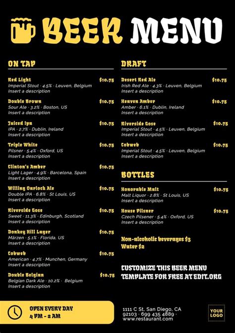 Beer Menu Template Word