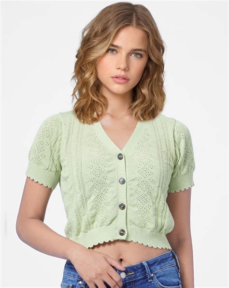 Green Pointelle Knit Cropped Cardigan