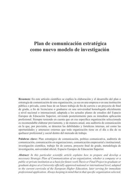 Plan de comunicación estratégica como nuevo modelo de investigación