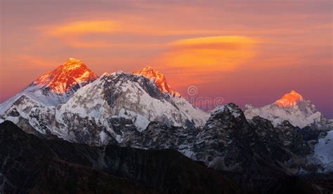 Evening Sunset View Of Mount Everest Lhotse And Makalu Stock Image