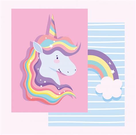 Carte Avec Licorne Aux Cheveux Arc En Ciel Et Arc En Ciel Avec Nuages