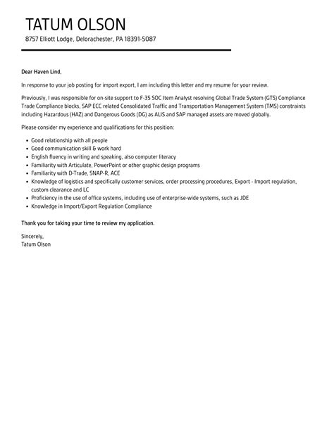 Import Export Cover Letter Velvet Jobs