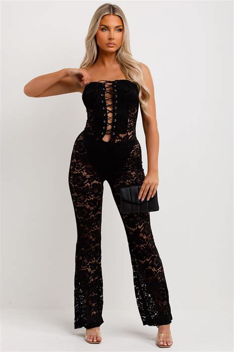 Lace Jumpsuit With Skinny Flared Legs Black Festival Going Out Outfit