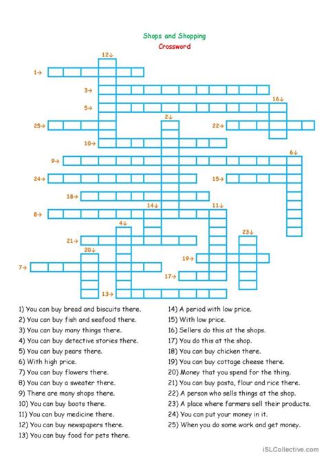 Crossword Shops And Shoppin English ESL Worksheets Pdf Doc