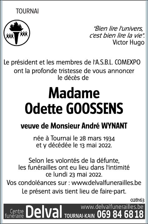 Avis De Décès De Odette Goossens Décédé Le 13 05 2022 à Tournai