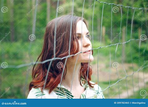 Beautiful Redhead Girl Behind Fence Outdoors Stock Image Image Of Challenge Freedom 209782465