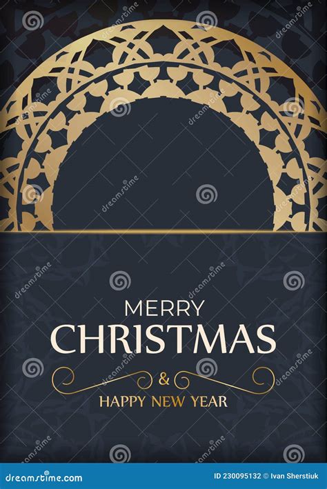 Merry Christmas And Happy New Year Greeting Card Template In Dark Blue Color With Luxury Gold