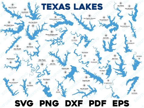 33 Texas Lakes Map Mega Bundle With Compass And Gps Coordinates Svg Png