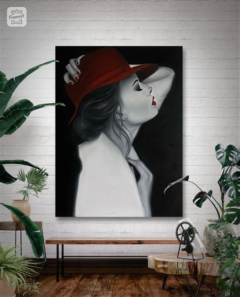 Lady In Red Hat Painting Red Lips Painting Sensual Painting Black