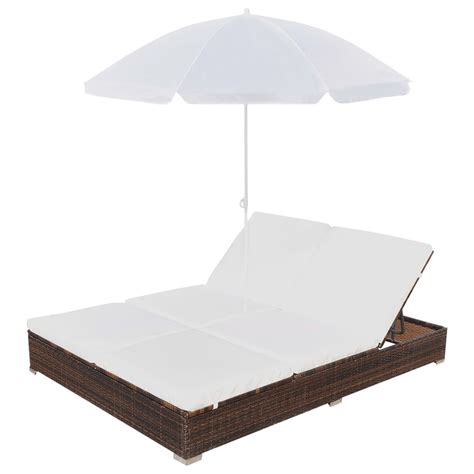 Outdoor Loungebett Mit Sonnenschirm Poly Rattan Braun Weddig