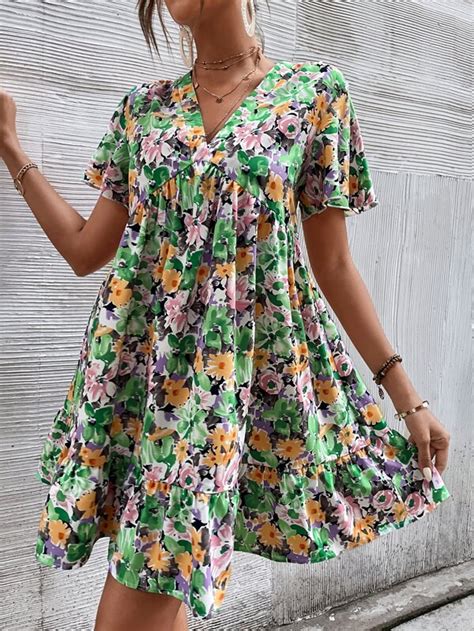 Shein Vcay Floral V Neck Flutter Sleeve Ruffle Hem Smock Dress Shein Usa