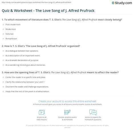 Quiz And Worksheet The Love Song Of J Alfred Prufrock