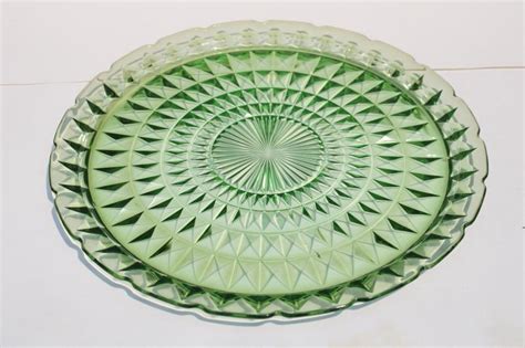 Vintage Uranium Glass Green Depression Glass Cake Plate Jeannette