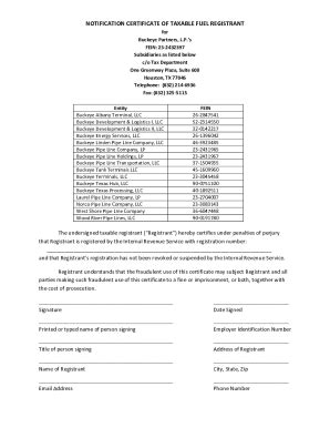Fillable Online NOTIFICATION CERTIFICATE OF TAXABLE FUEL Fax Email