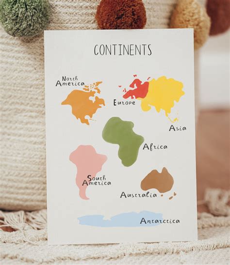 Kids Continents Poster, Montessori Colored Continent Map, Educational ...