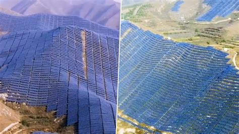 Aerial View Of Massive Solar Farm On Mountain In Chinas Shanxi