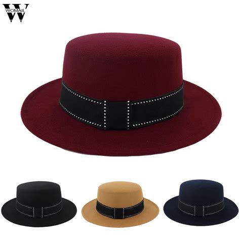 Womail Hat Summer Fedoras Unisex Wide Brim Wool Felt Flat Top Fedora