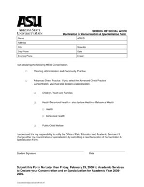 Fillable Online Ssw Asu Declaration Of Concentration Specialization