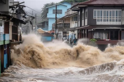 La Ola Del Tsunami Se Estrella Contra El Pueblo Costero Destruyendo