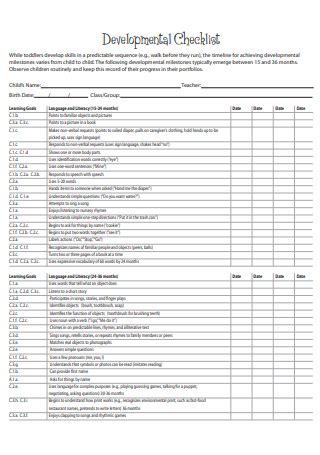 Sample Developmental Checklist 15 IN PDF MS Word