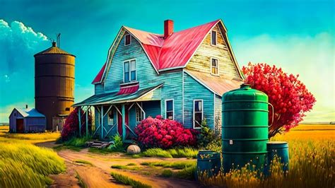 Premium Photo | Painting of farm house and silo Generative AI