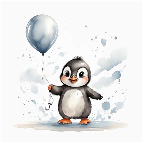 Premium Photo Cute Penguin Flying With Balloons Cartoon Watercolor