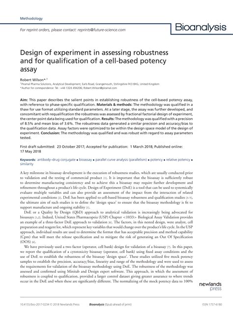 (PDF) Design of experiment in assessing robustness and for qualification of a cell-based potency ...