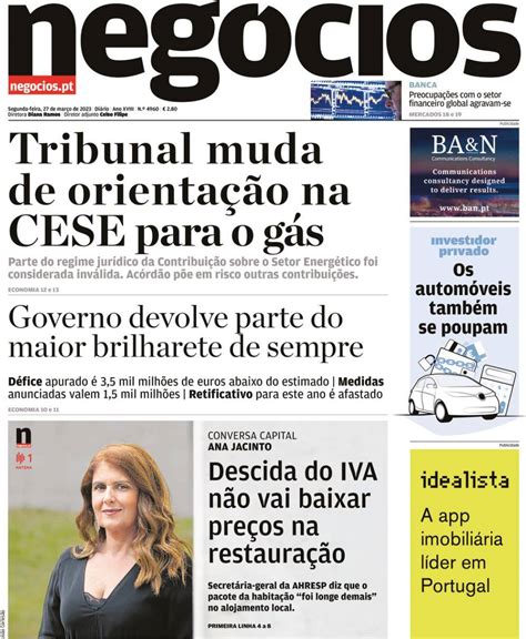 Capa Jornal De Negócios 27 Março 2023 Capasjornaispt