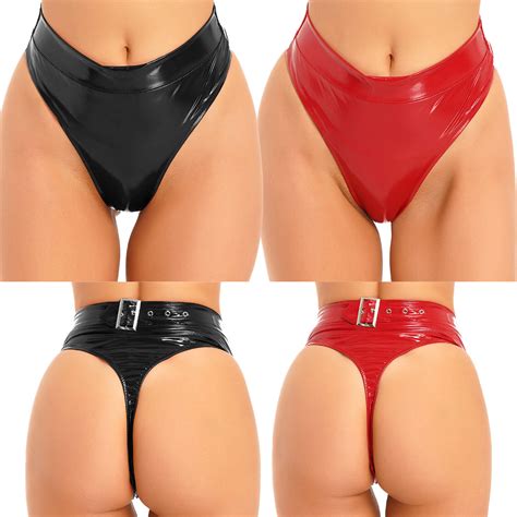 Women S High Waist String Wet Look Patent Leather Briefs Belt Panties