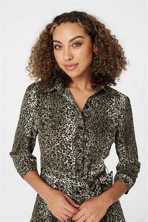 Dresses Leopard Print 3 4 Sleeve Shirt Dress Izabel London