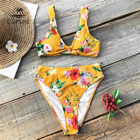 CUPSHE Yellow Floral Print High Waist Bikini Set Women Bowknot Thong