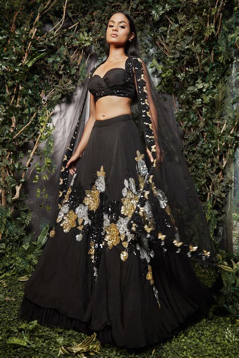 Buy Black Organza Hand Embroidered Cutdana Sweetheart Neck Lehenga Set