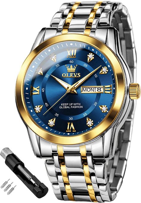 Olevs Herrenuhren Gold Blau Edelstahl Uhr Männer Mit Diamant Gesicht