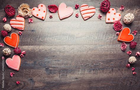 Heart shaped cookies on a rustic wood background for Saint Valentine's ...