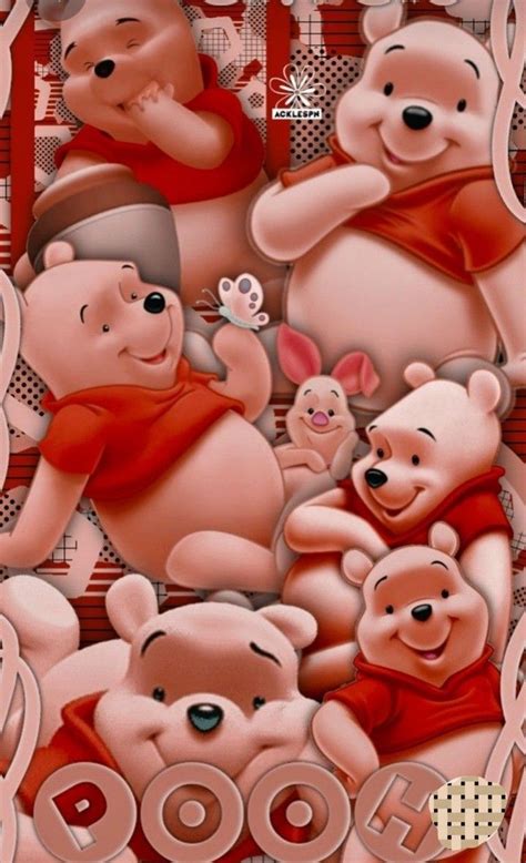 An Image Of Winnie The Pooh And Her Friends In Pinks With Red Background