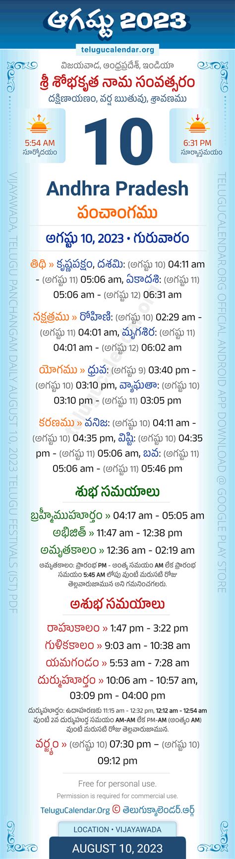 Andhra Pradesh August 10 2023 Telugu Panchangam