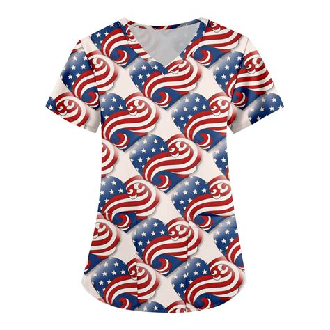 UoCefik 4th Of July Womens Scrubs Tops Short Sleeve USA Working Nurse