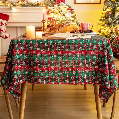 Aqothes Red Green Plaid Snowflake Christmas Tablecloth